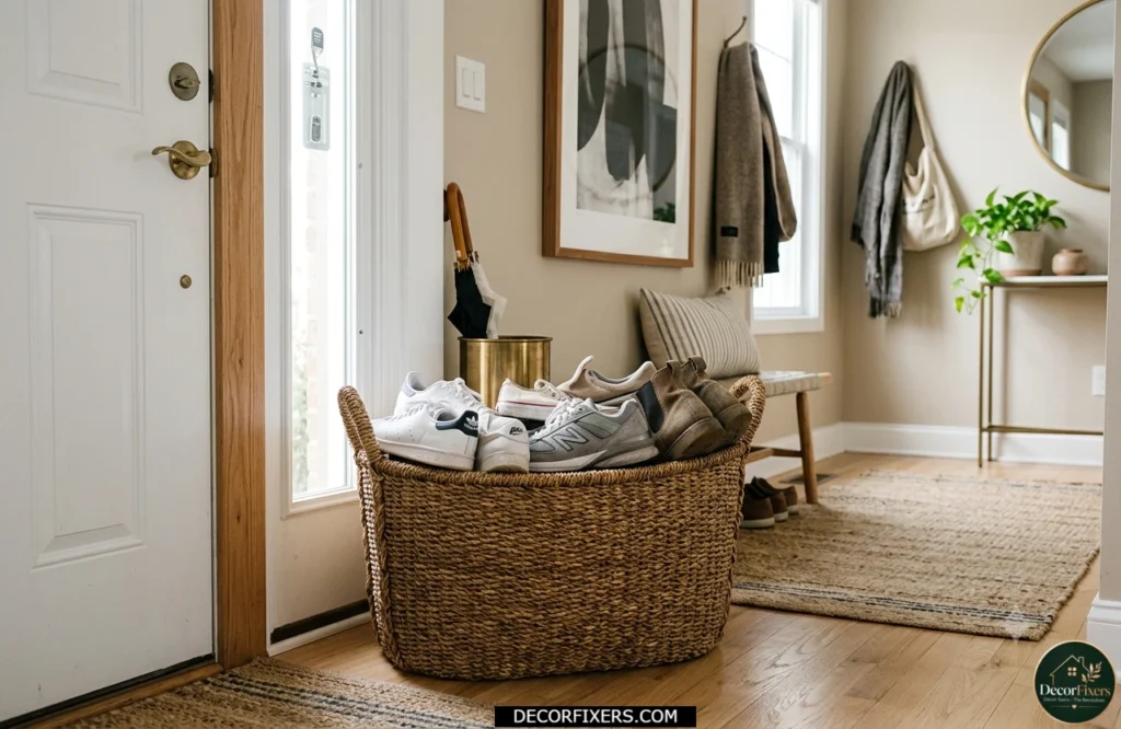 Decorative basket holding everyday shoes by the entryway