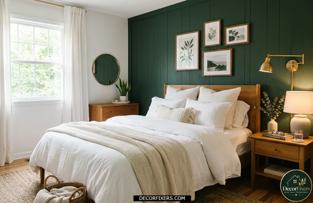 Small bedroom featuring a deep green accent wall and warm cozy decor.