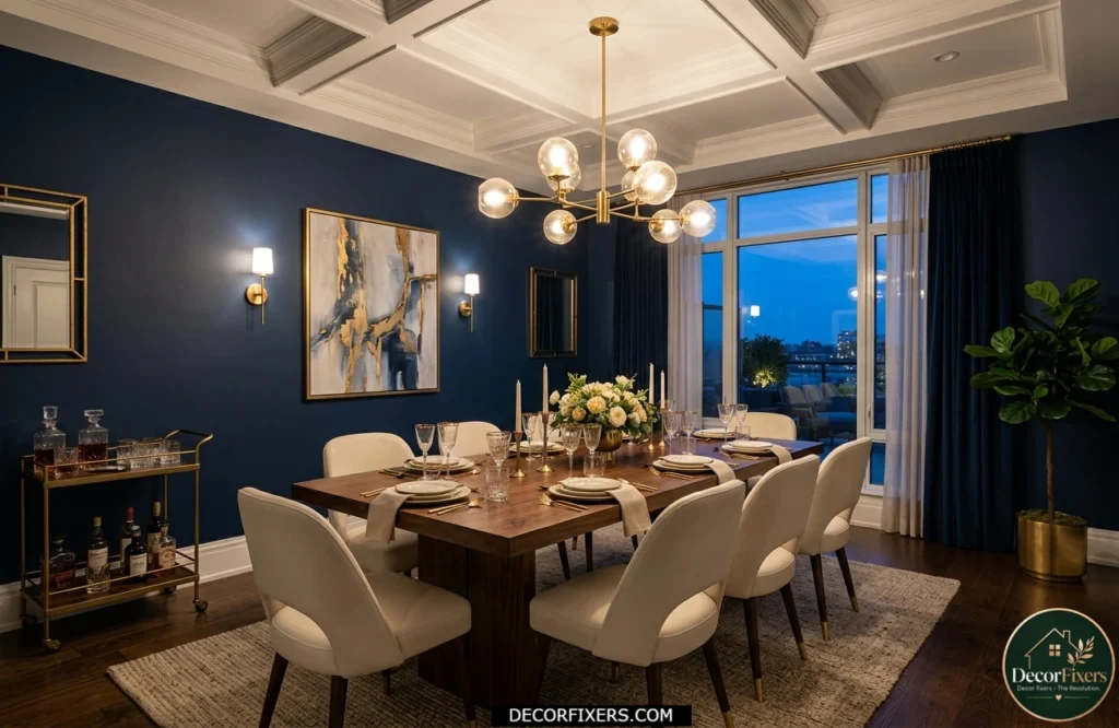 Deep navy blue modern dining room color idea with white ceiling and brass chandelier