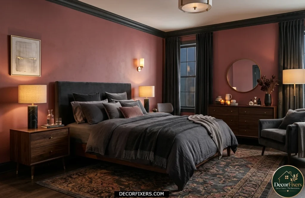 Moody bedroom with a deep rose accent wall and charcoal gray bedding.