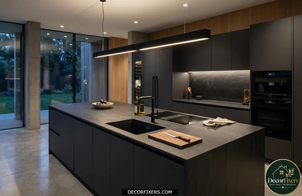 Contemporary kitchen featuring durable Dekton sintered stone countertops and sleek cabinetry