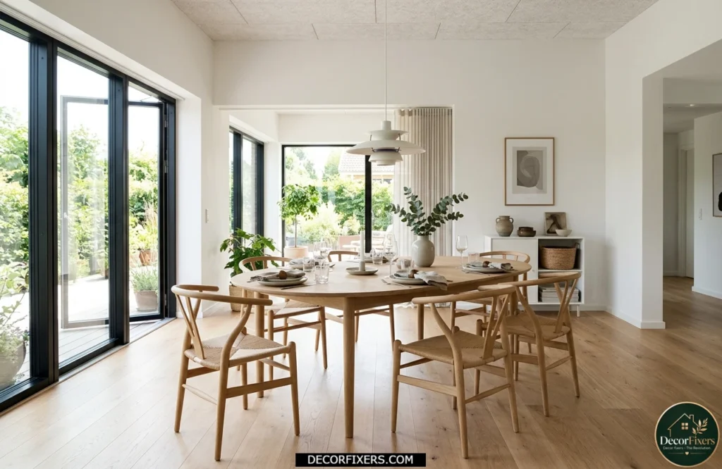 Diagonal dining table placement improving visual space and room flow
