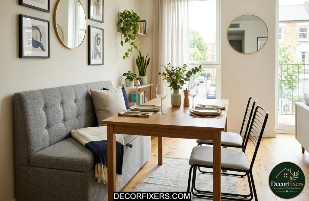 Tiny dining room ideas for apartments using a dining bench to save space