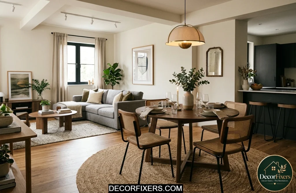 Tiny dining room ideas for apartments using a rug to define the dining area