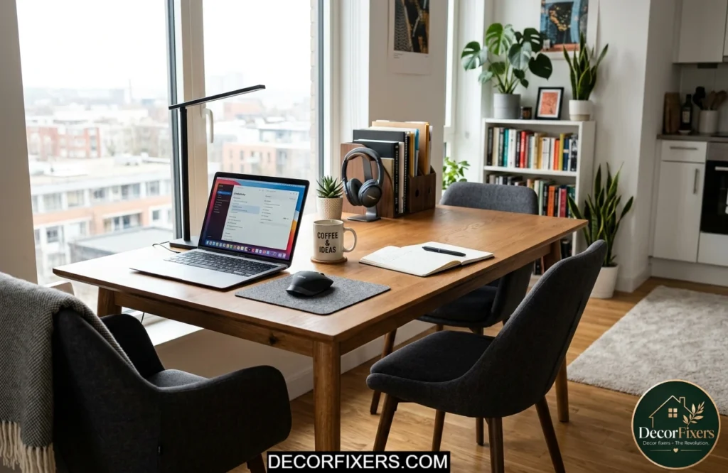 Tiny dining room ideas for apartments using a dining table as a workspace