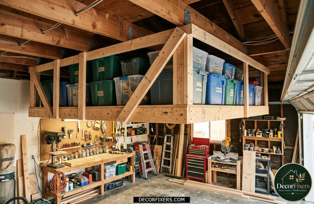 DIY plywood ceiling storage platform built between garage ceiling joists for budget-friendly organization.