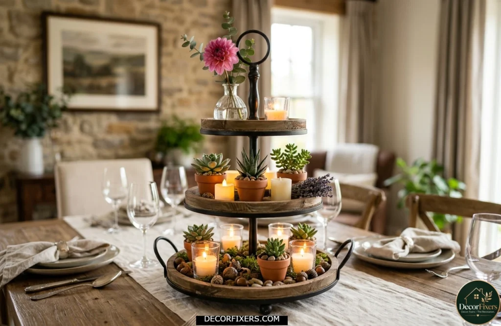 DIY tiered stand centerpiece with succulents, candles, and fresh flowers
