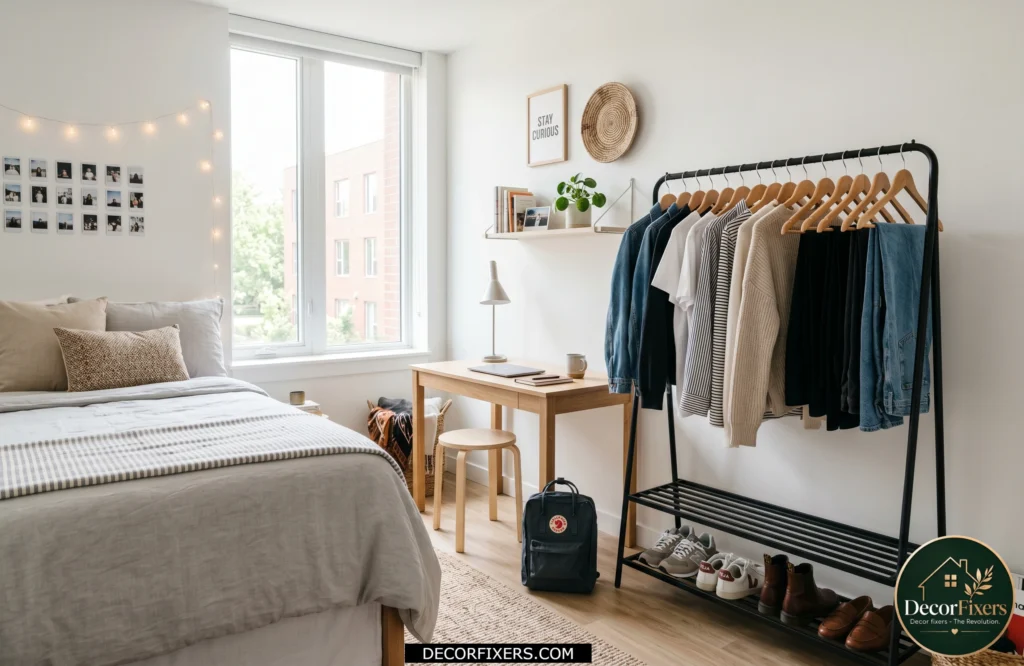 Clothing rack used for extra storage and dorm room decoration.