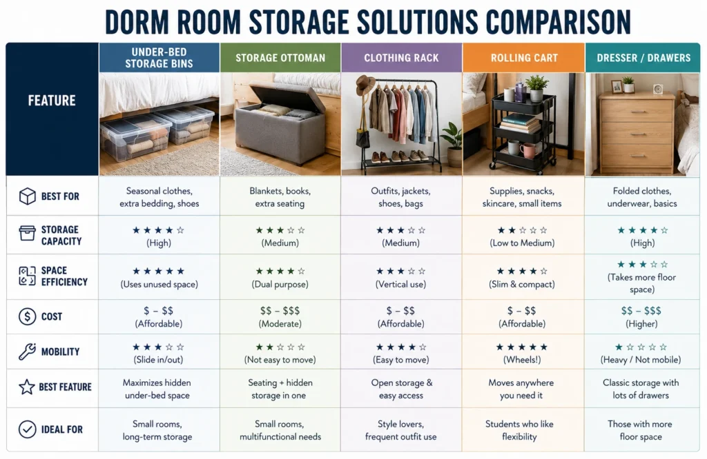Comparison table showing dorm lighting options including LED string lights, desk lamps, battery puck lights, and Himalayan salt lamps with benefits and limitations.