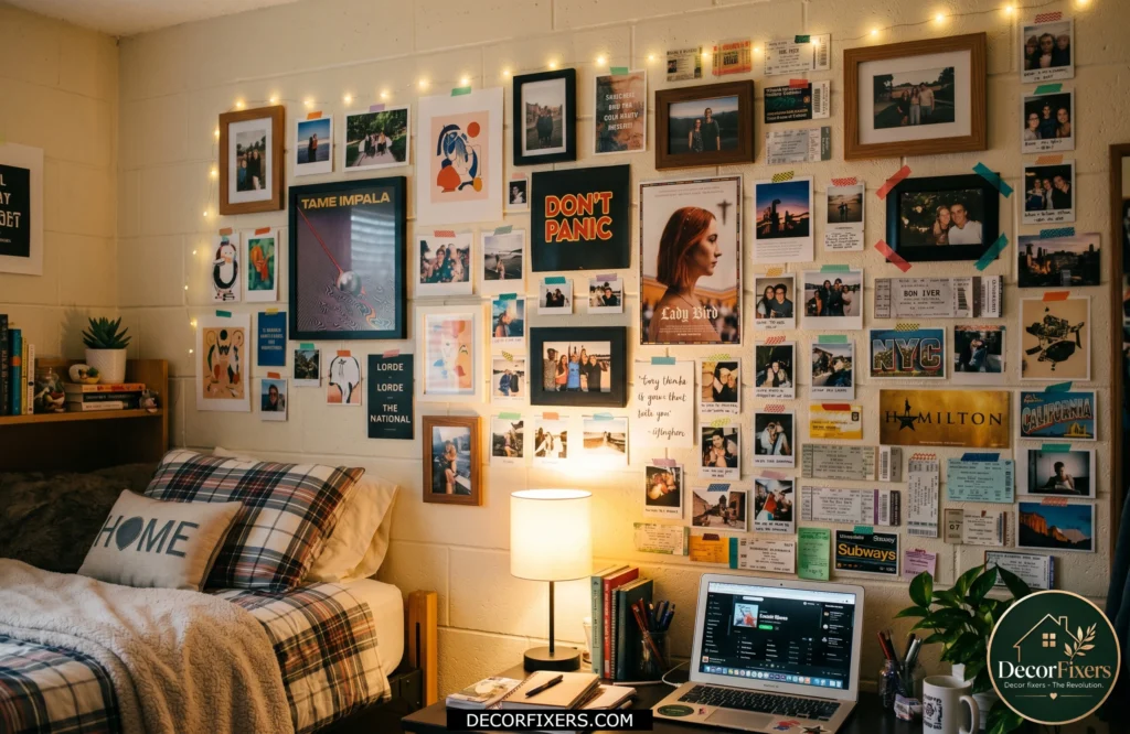 Personalized dorm room collage wall featuring photos and posters.