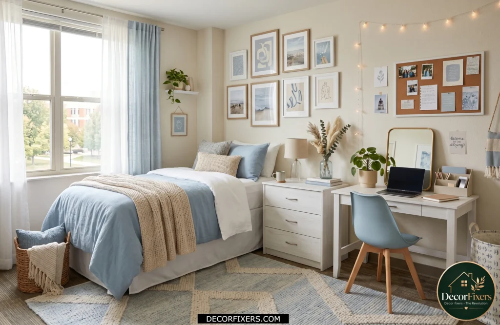 Dorm room designed with a coordinated color palette for a cohesive look.
