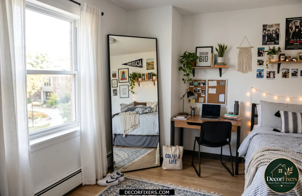 Full-length mirror making a small dorm room appear larger.