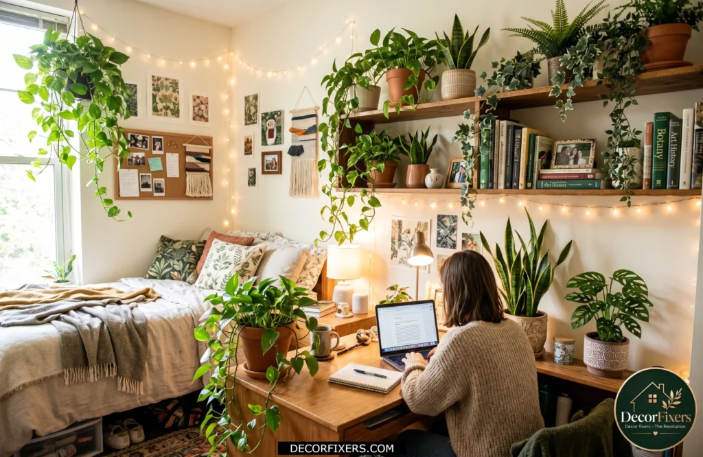 Indoor plants adding warmth and personality to a dorm room.