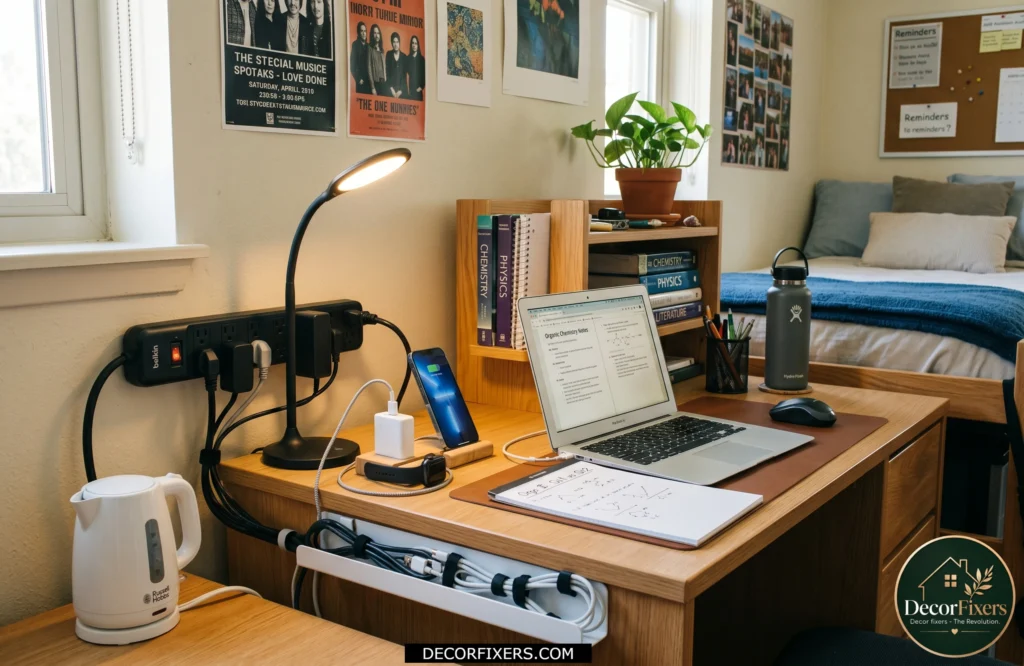 Surge protector providing multiple charging options in a dorm room.