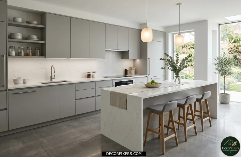 Dove grey kitchen cabinets throughout with white quartz countertops and elegant finishes