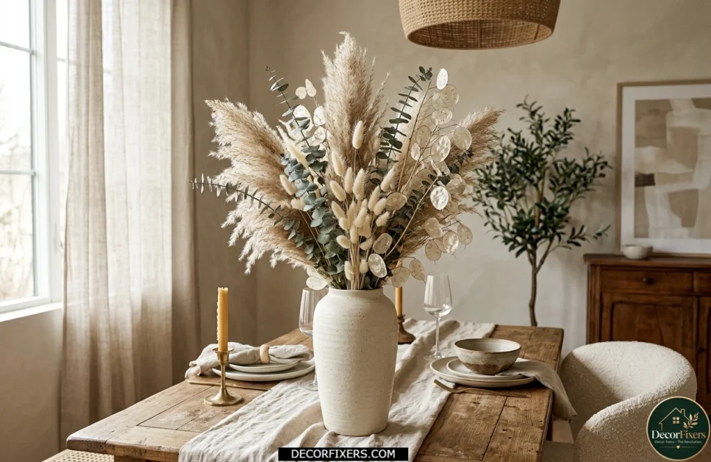 Dried pampas grass and preserved eucalyptus dining table centerpiece arrangement