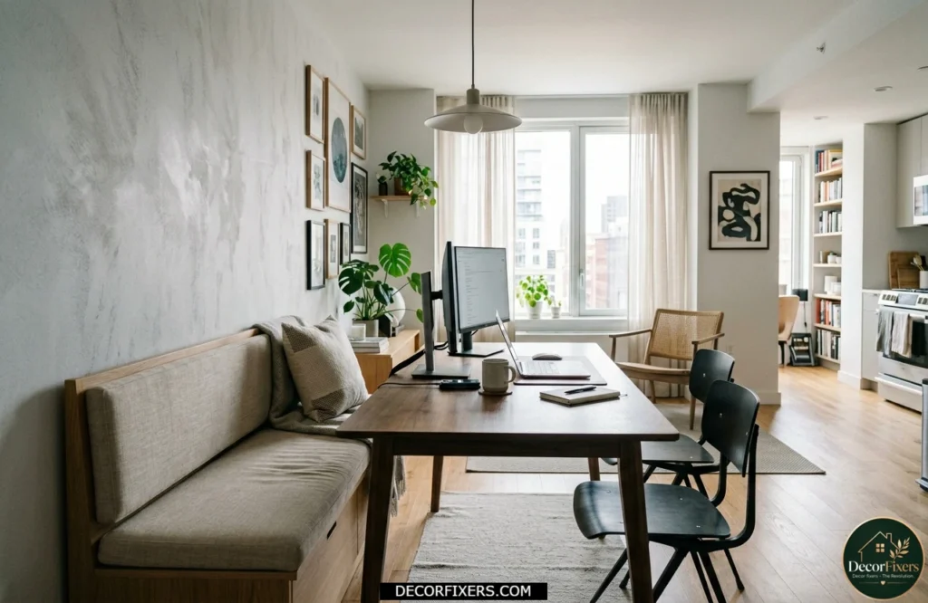 Dual-purpose dining table functioning as both a workspace and dining area