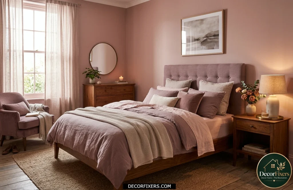 Dusty mauve bedroom with soft romantic tones, warm wood furniture, and gentle natural lighting.