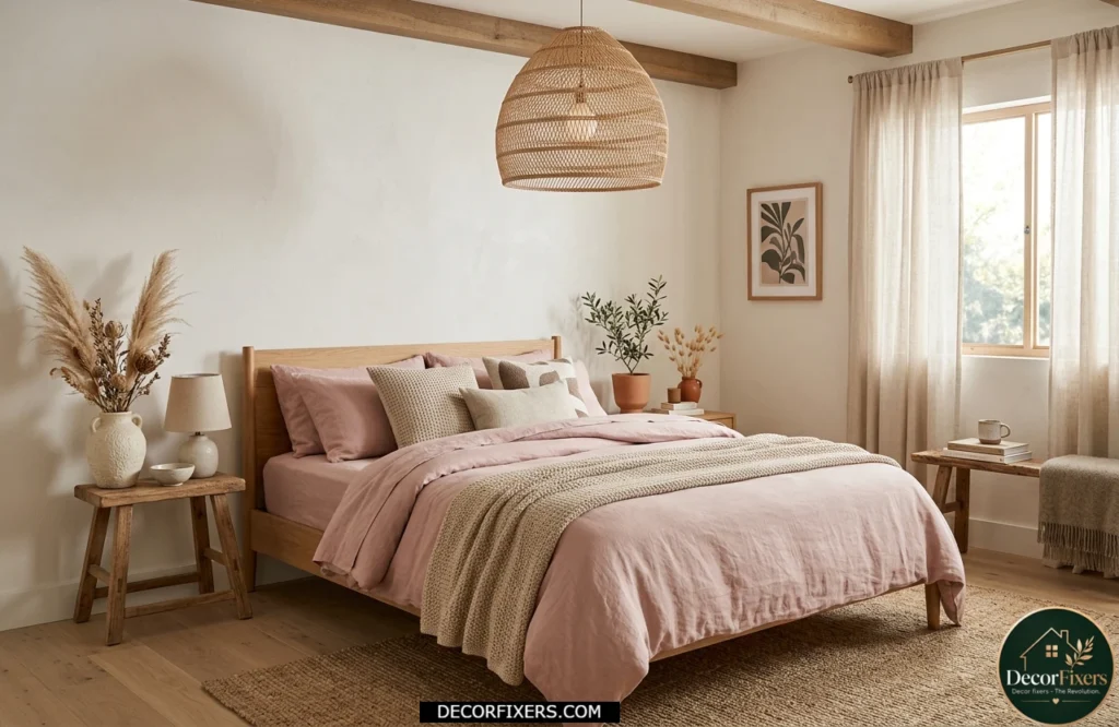 Dusty pink bedroom featuring linen bedding and organic natural textures.