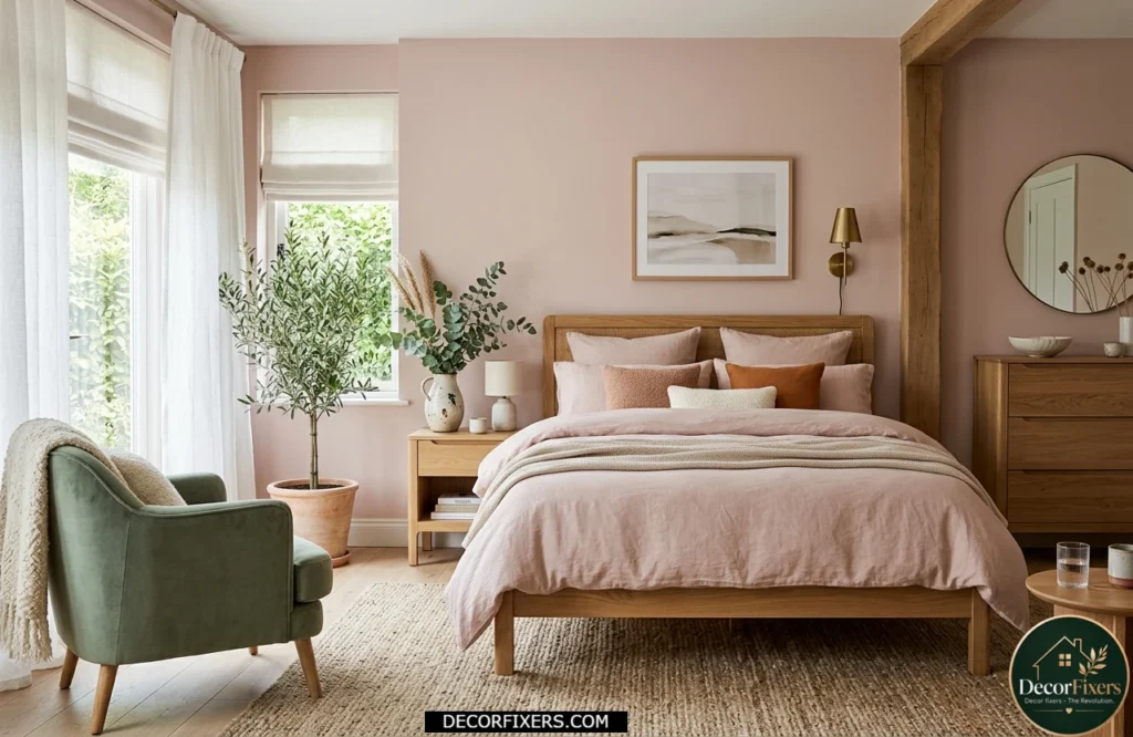 Dusty pink bedroom styled with sage green accents and natural organic decor.