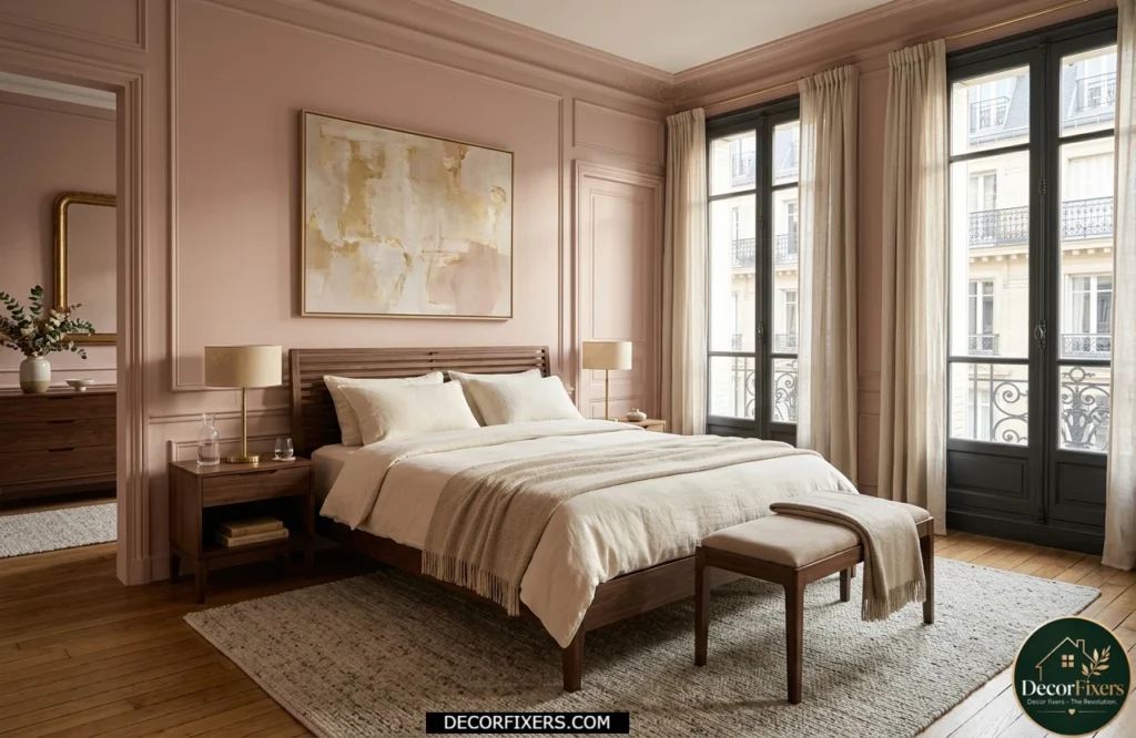 Dusty pink bedroom with dark walnut furniture, cream linen bedding, and elegant brass accents.