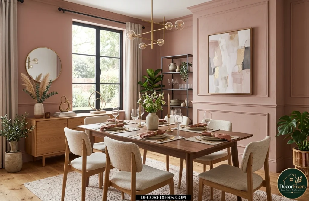 Dusty rose dining room color idea with muted blush walls and warm accents
