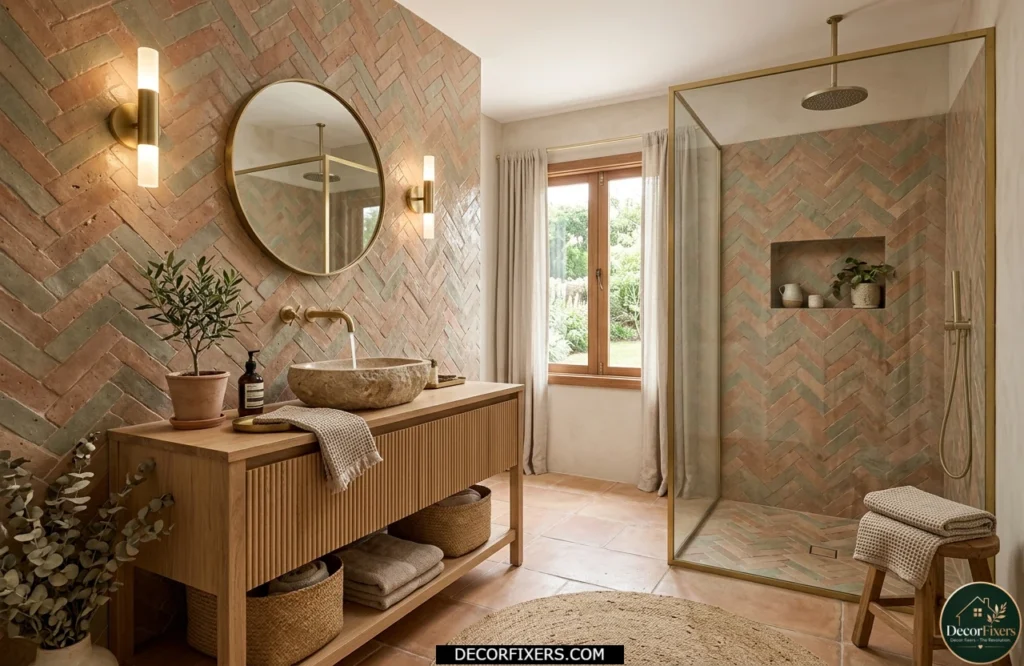 Earth-toned bathroom tiles in terracotta clay and muted green