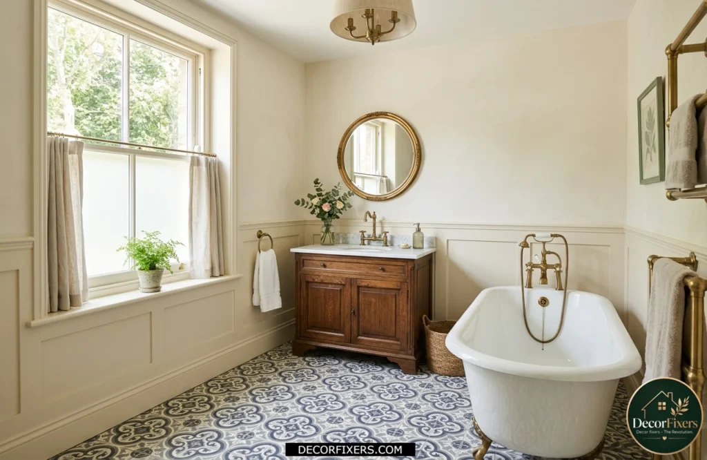 Vintage encaustic-pattern bathroom floor tile with decorative geometric designs.
