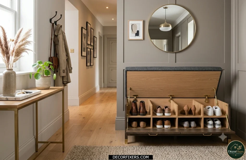 Entryway bench with hidden storage for shoes