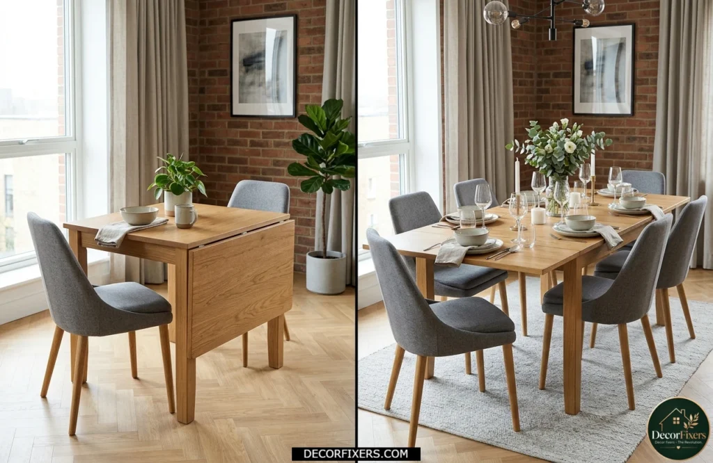 Extendable dining table expanding from everyday use to guest-ready seating