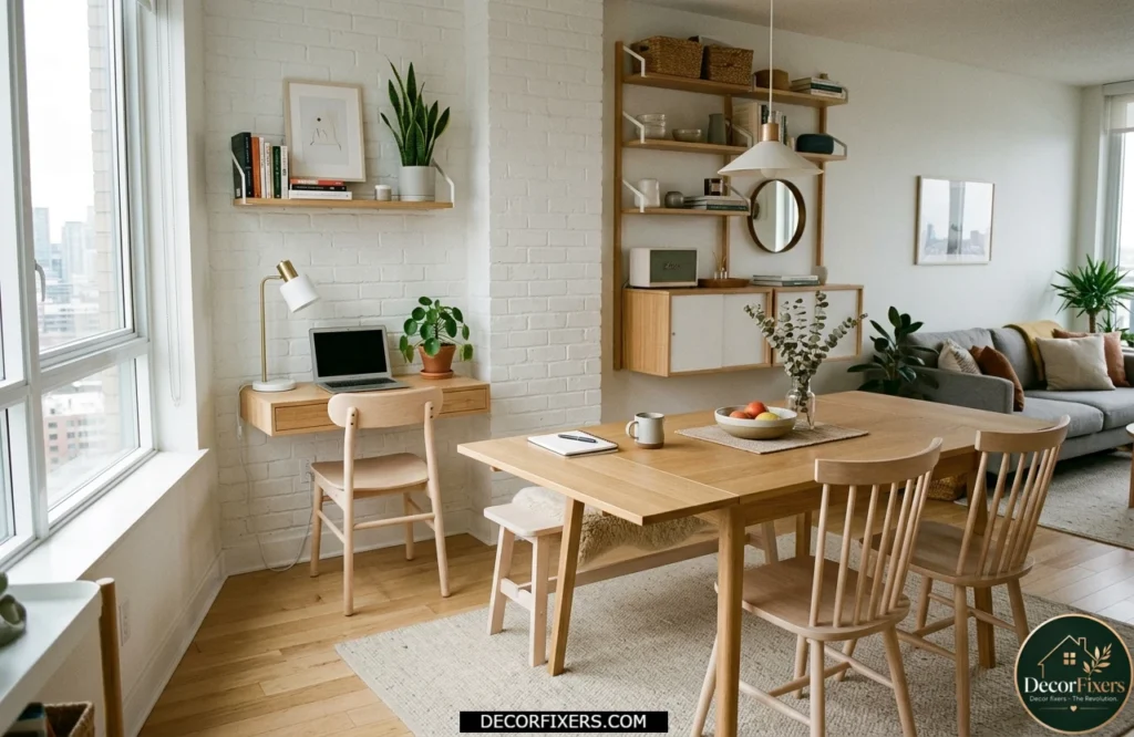 Extendable rectangular dining table in a compact apartment dining area