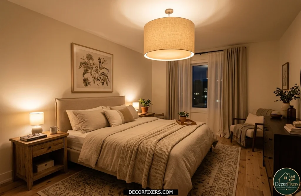 Fabric shade ceiling fixture softening harsh overhead bedroom lighting