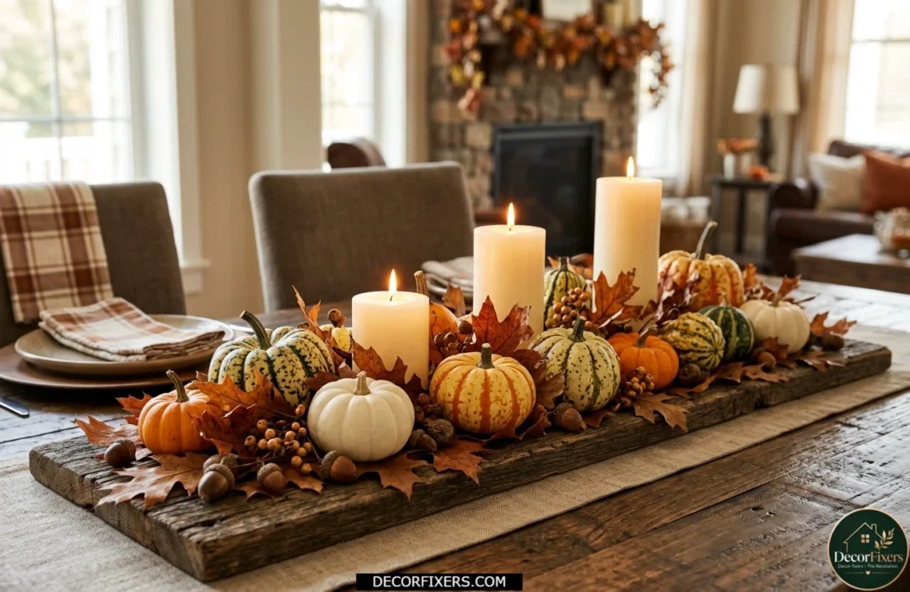 Fall harvest centerpiece with gourds, candles, acorns, and dried leaves