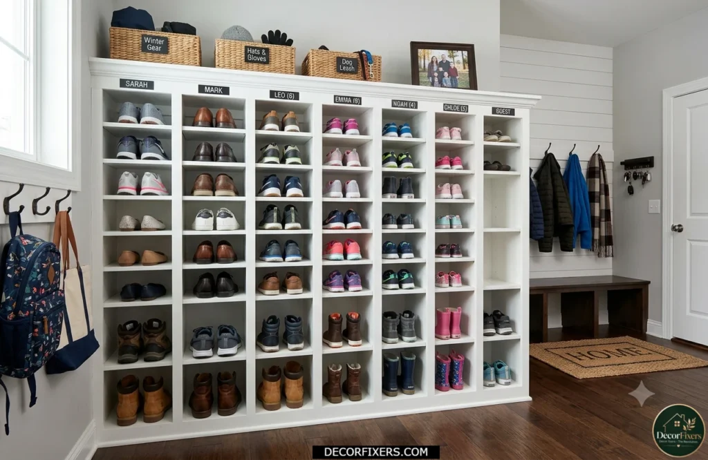 Family shoe cubby storage with separate sections for each person
