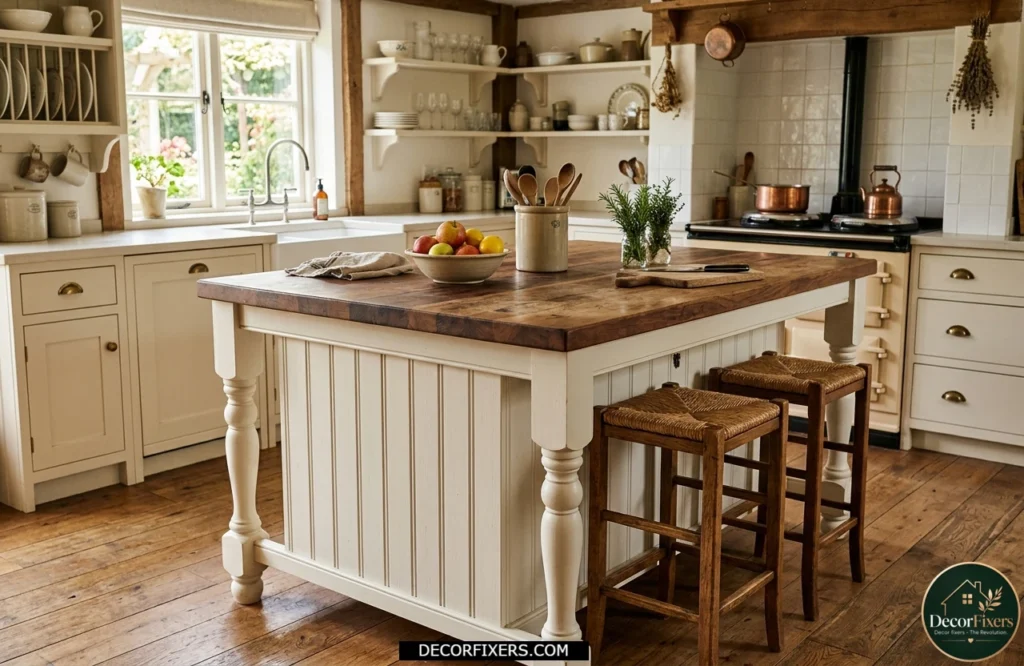 Farmhouse kitchen island with furniture legs, beadboard panels, and a butcher block top.