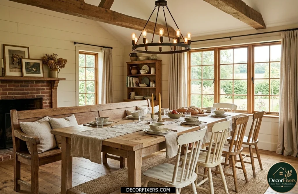 Farmhouse rectangular dining table with wooden bench seating and mixed chairs in a cozy dining room