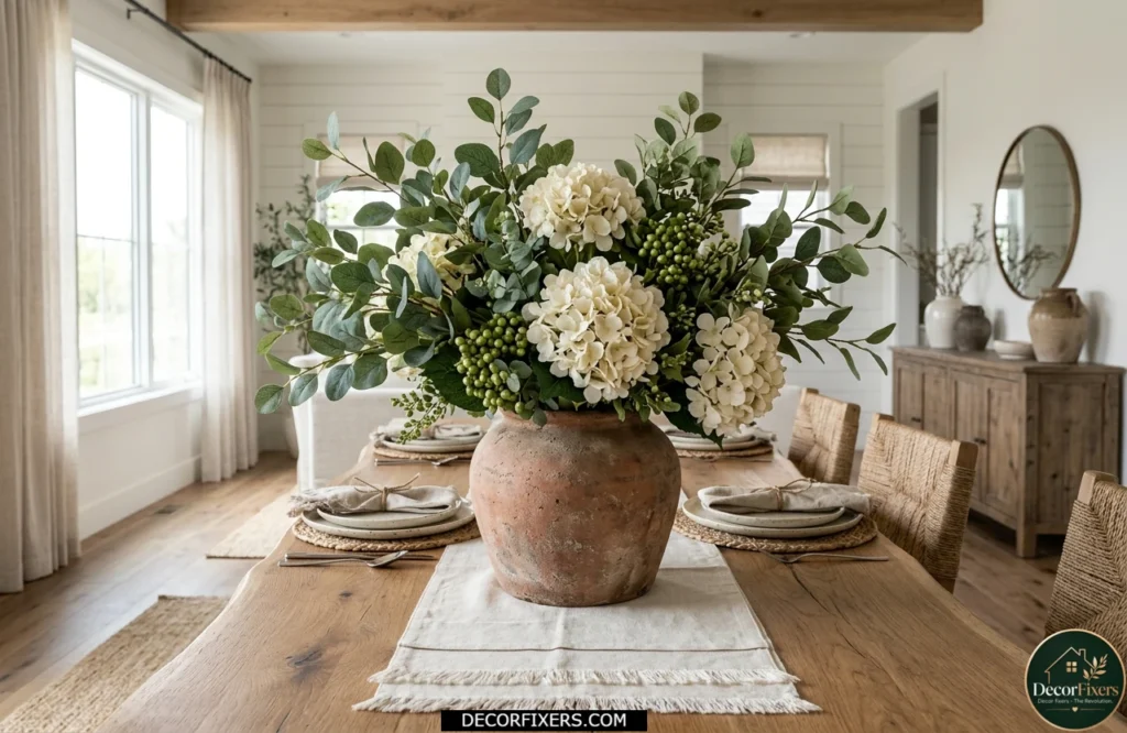 Faux eucalyptus and hydrangea arrangement used as a dining table centerpiece