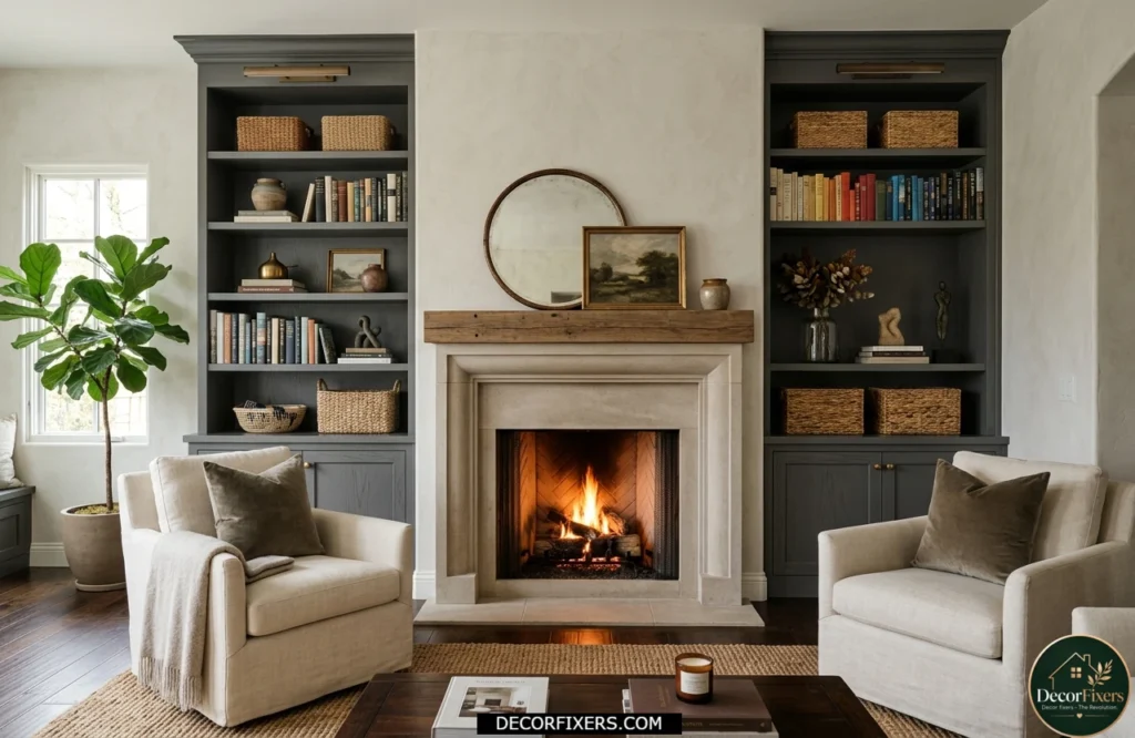 Built-in fireplace alcove shelving maximizing unused wall storage space
