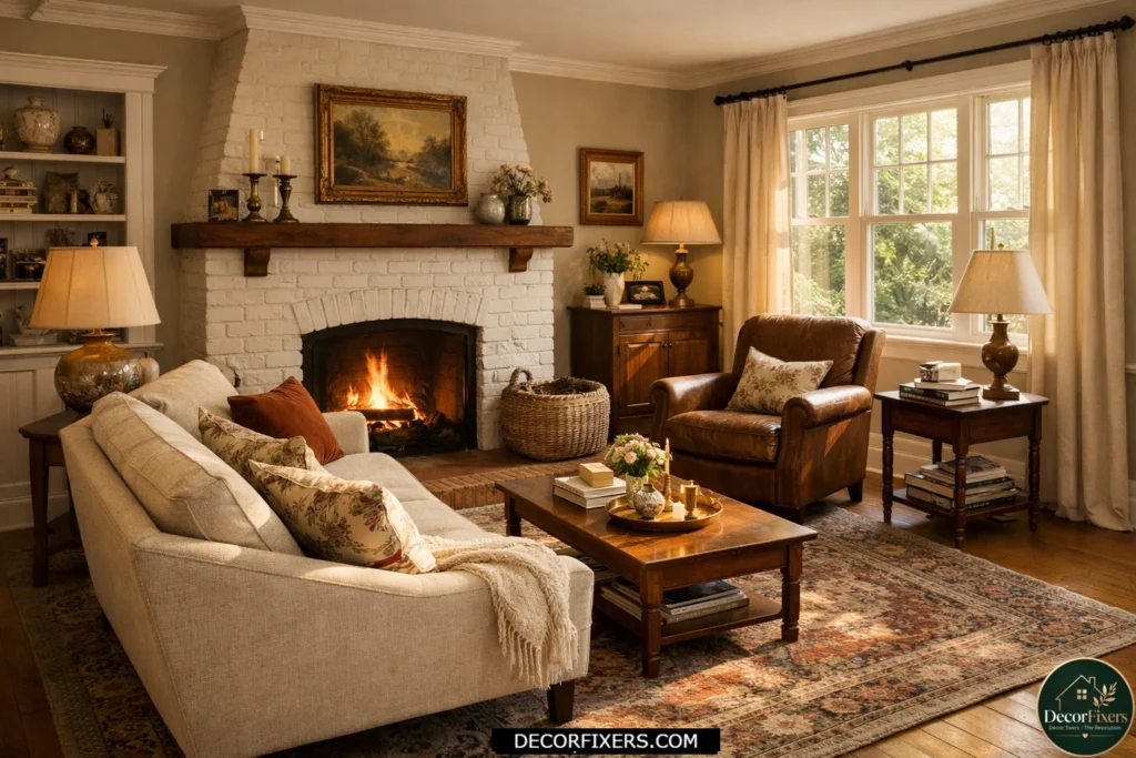 Fireplace-centred furniture arrangement in a small living room with layered seating