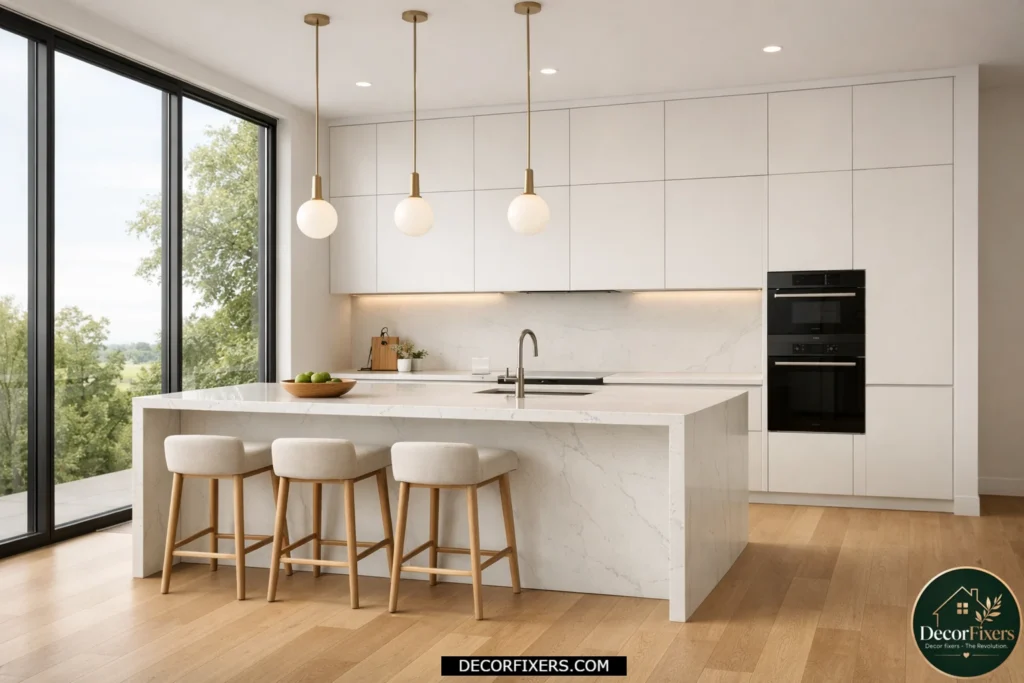 Modern kitchen with flat-panel slab cabinets and seamless minimalist design