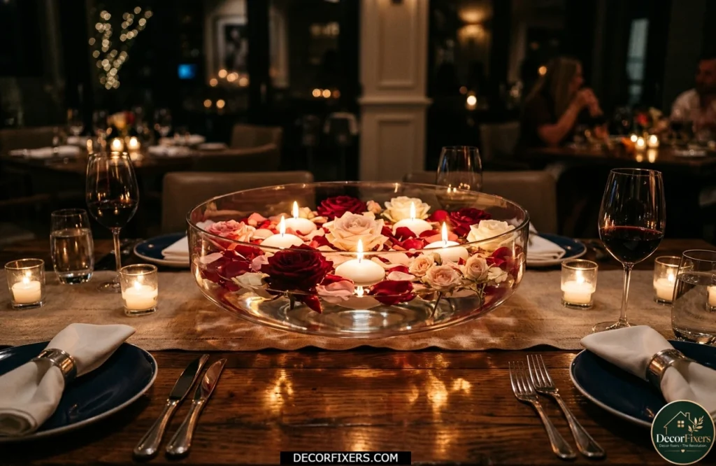 Floating candles and flower petals centerpiece displayed in a glass bowl