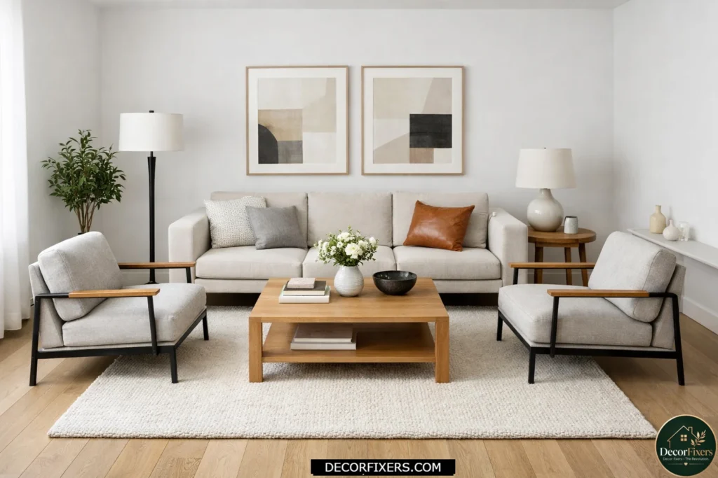 Floating furniture cluster layout creating an open and spacious square living room