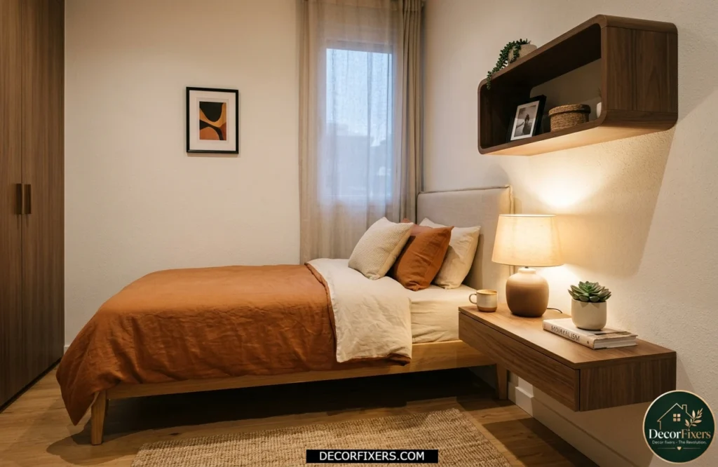 Small bedroom with a wall-mounted floating nightstand saving floor space.
