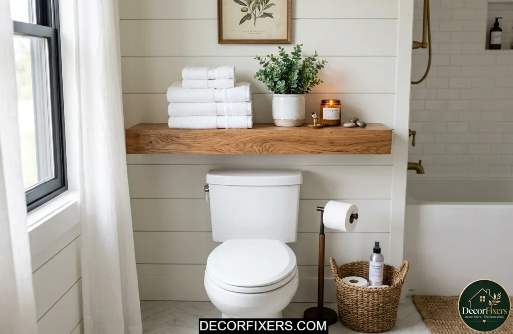 Floating shelf adding storage and style to bathroom