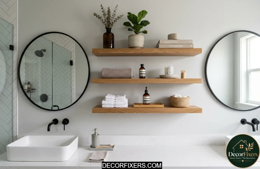 Floating shelves installed above a bathroom vanity for stylish storage and display