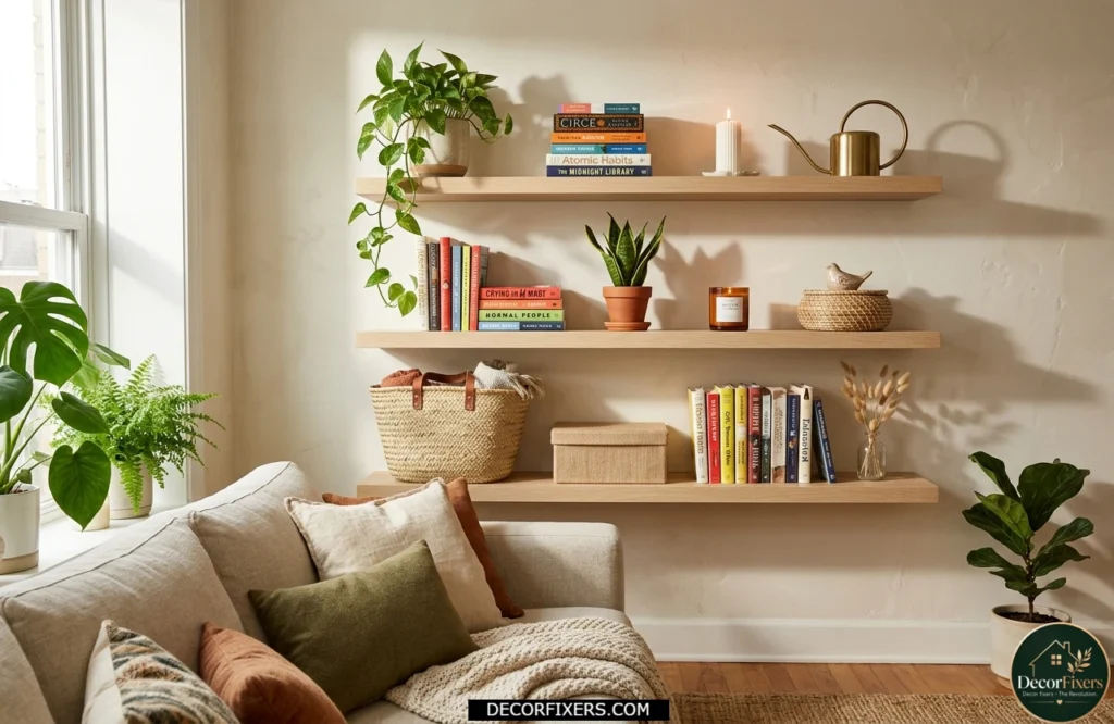 Floating shelves above a sofa displaying books, decor, and storage boxes