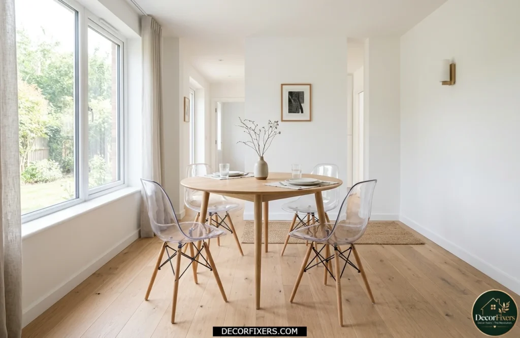 Floating dining table with lightweight chairs creating an open airy appearance