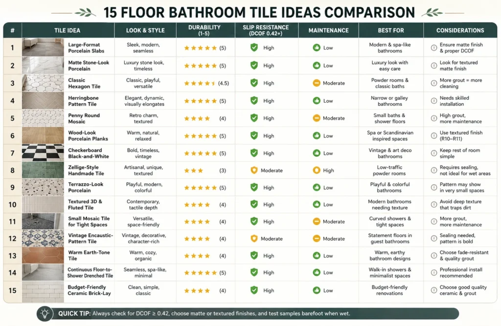 Comparison table showing 15 floor bathroom tile ideas with durability, slip resistance, maintenance requirements, and best-use recommendations.