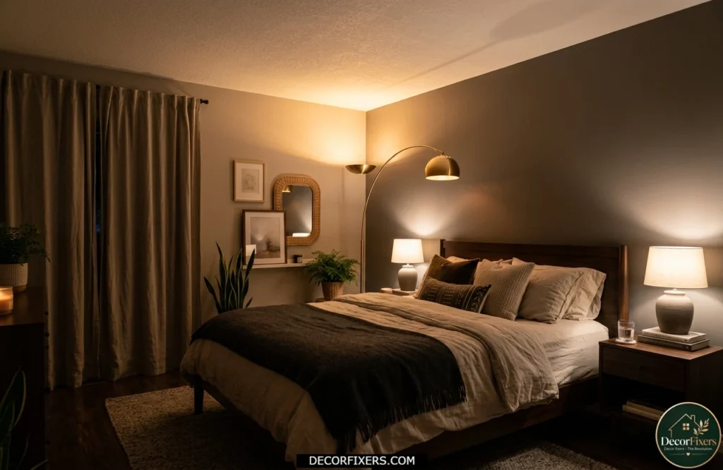 Floor lamp brightening a dark bedroom corner with warm uplighting
