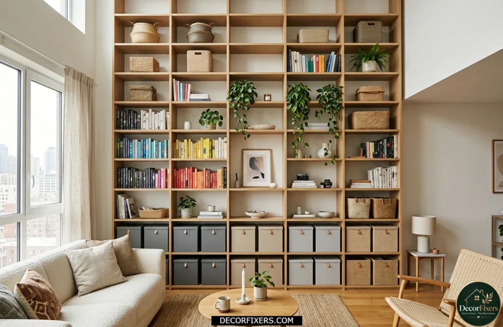 Floor-to-ceiling shelving maximizing vertical storage in a compact living room